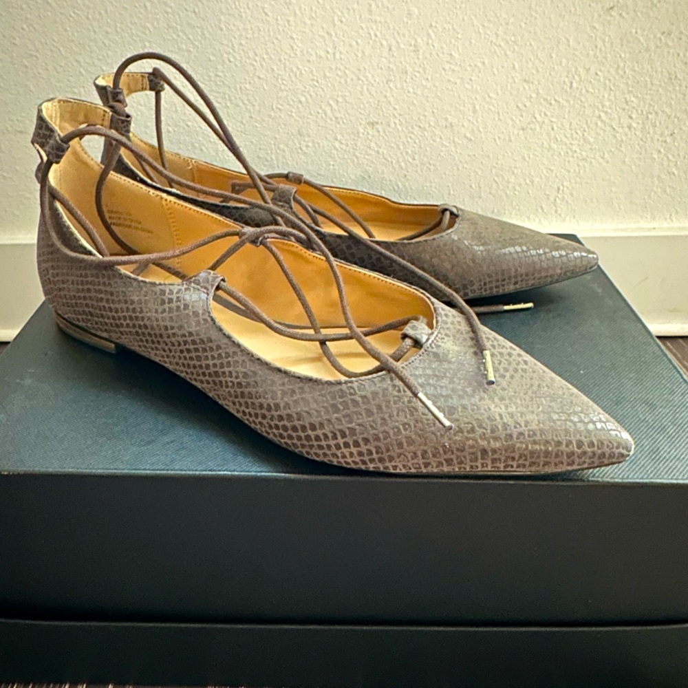 Faux leather Expression pointed toe flats with gold plated heels